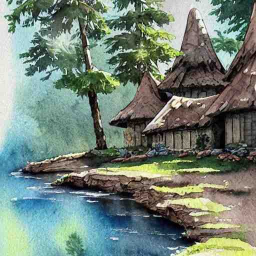 beautiful happy picturesque charming sci - fi organic homes in a beautiful natural scene. water, trees and rocks. beautiful light. grainy and rough. soft colour scheme. beautiful artistic detailed watercolor by lurid. ( 2 0 2 2 ) 