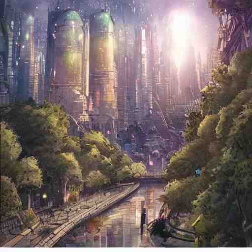 Beautiful happy picturesque charming sci-fi city in harmony with nature. Beautiful light. Nice colour scheme, soft warm colour. Beautiful detailed watercolor by Lurid. (2022)