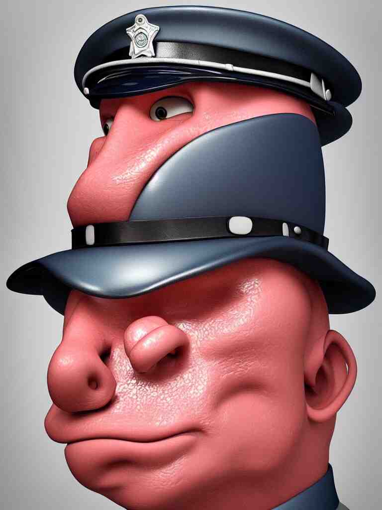 in pixar style, a perfect colour portrait of a policeman. his leathery squidlike skin is contracting rapidly and ripping. leaking pva glue from the fissures in his stressed, agonising skin. brightly lit studio lighting 