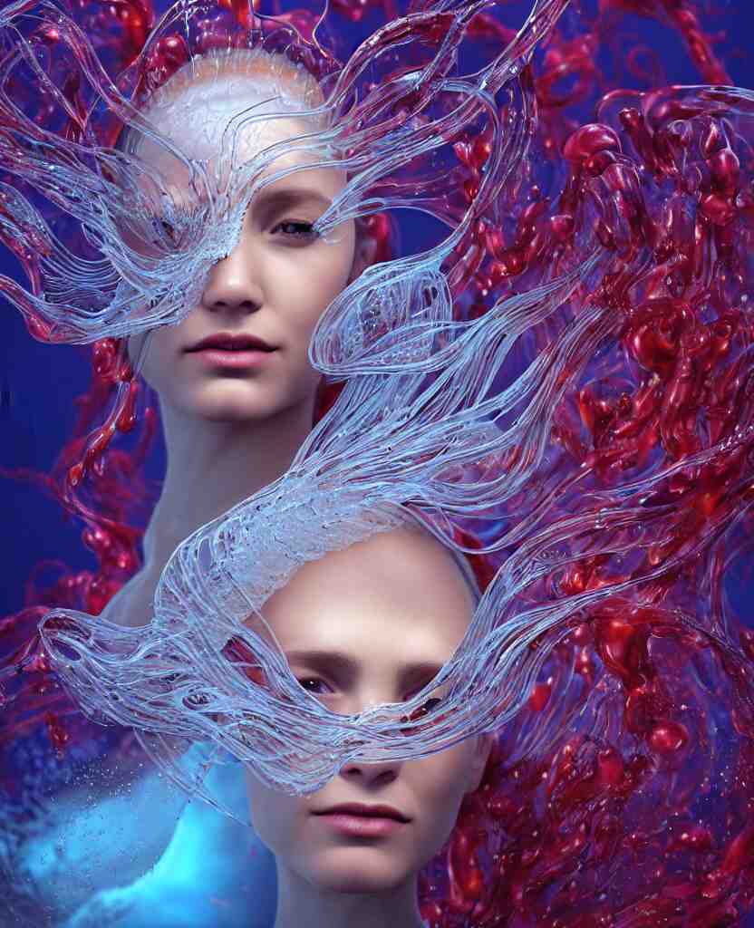 close-up portrait of the face of a beautiful princess in a twisted glass mask floating on the edge of the water, epic angle and pose, symmetrical artwork, 3d with depth of field, blurred background, cybernetic jellyfish female face skull phoenix bird, translucent, nautilus, energy flows of water and fire. a highly detailed epic cinematic concept art CG render. made in Maya, Blender and Photoshop, octane render, excellent composition, cinematic dystopian brutalist atmosphere, dynamic dramatic cinematic lighting, aesthetic, very inspirational, arthouse. y Greg Rutkowski, Ilya Kuvshinov, WLOP, Stanley Artgerm Lau, Ruan Jia and Fenghua Zhong
