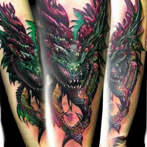 dark and vibrant fantasy dragon!!! drake wyvern, black and emerald dragon!!, forearm tattoo