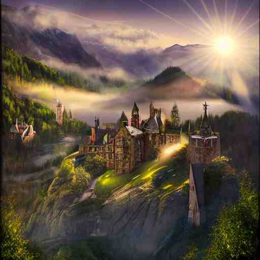 magical academy on a mountain, town below, mist, mystical, happy, sunshine, realistic, by bagshaw, tom 