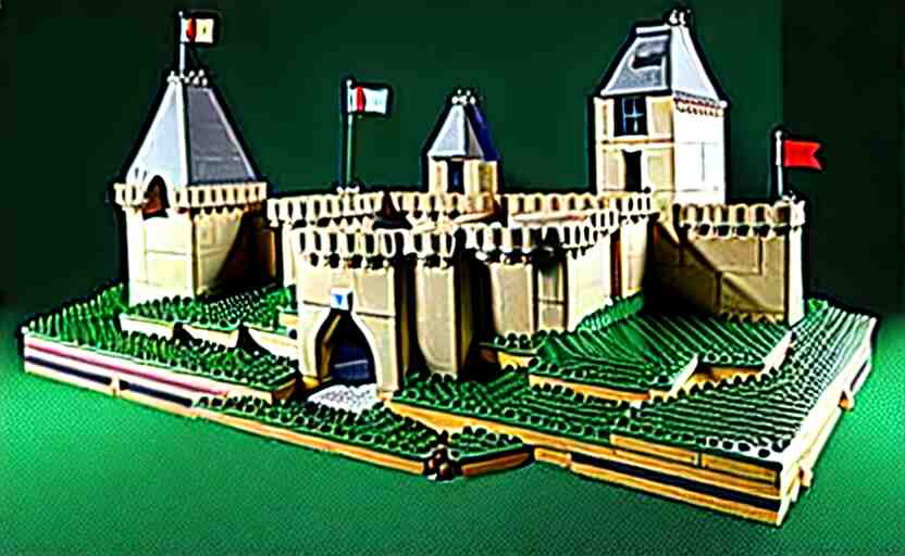 a realistic detailed accurate Lego set of a medieval French castle on a green hill