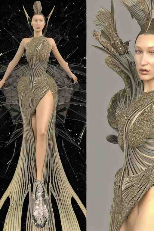 a highly detailed 3 d render painting of a beautiful alien goddess bella hadid in iris van herpen dress schiaparelli in diamonds in style of alphonse mucha trending on artstation made in unreal engine 4 