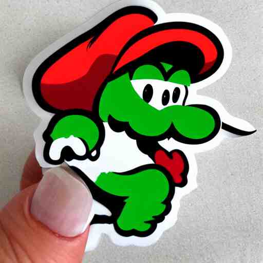 die cut sticker, yoshi wearing mario's mustache, splatter paint 