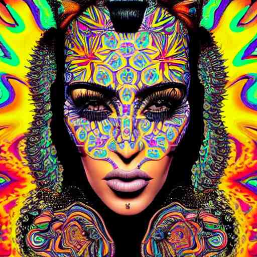 an extremely psychedelic portrait of kim kardashian, surreal, lsd, face, detailed, intricate, elegant, lithe, highly detailed, digital oth, sharp focus, illustration, 