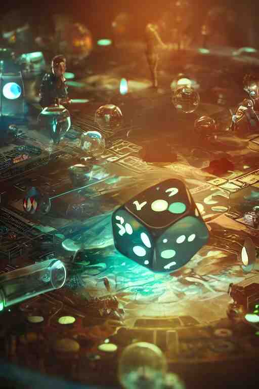 closeup, of one futuristic sci-fi Twenty sided dice, in the background players at a table that are in still high tech suites, bokeh, sharp focus, intricate concept art, highly detailed, 8k, cinematic, sharp focus