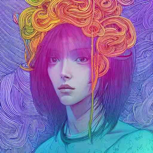 the head of a beautiful rainbow woman, an ultrafine detailed illustration by james jean, final fantasy, intricate linework, bright colors, behance contest winner, vanitas, angular, altermodern, unreal engine 5 highly rendered, global illumination, radiant light, detailed and intricate environment 