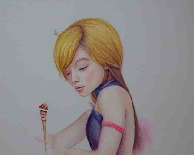 a girl with the ice cream watercolor colored pencil painting trending on artstation 