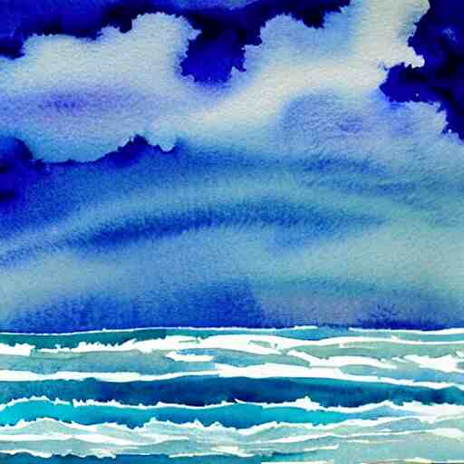 a beautiful watercolor painting of a beautiful ocean with peaceful fluffy clouds in the sky 