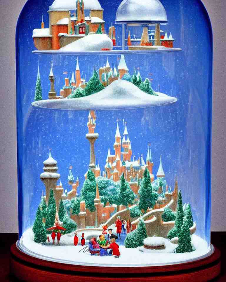 an achingly beautiful print of one modernist, cylindrical snow globe with disneyland inside by raphael, hopper, and rene magritte. detailed, proportional, romantic, vibrant, enchanting, trending on artstation 