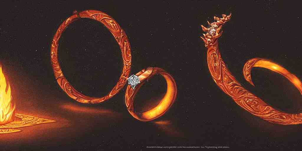 magic ring with a diamond, fire, flame, engraving, d & d, item, graphic, close - up, design, shimmer, artbook, page, detailed, trending on artstation, cgsociety, ralph mcquarrie and greg rutkowski 