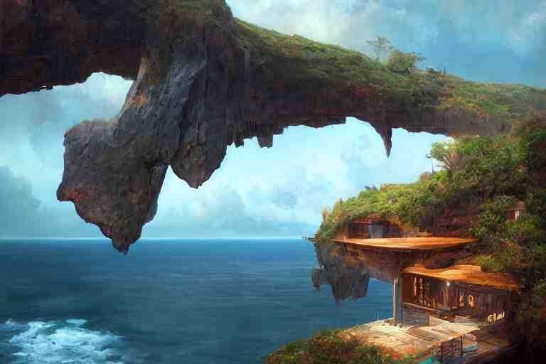 lovely a - frame home sits atop a broad cliff, overlooking the entirety of the blue sky, digital painting by greg rutkowski and gaston bussiere, zbrush, cgsociety contest winner, comprehensive art, intricate, landscape photography, brightly radiant atmosphere, overcast sky, homogeneous to hawaii, 4 k, 8 k 