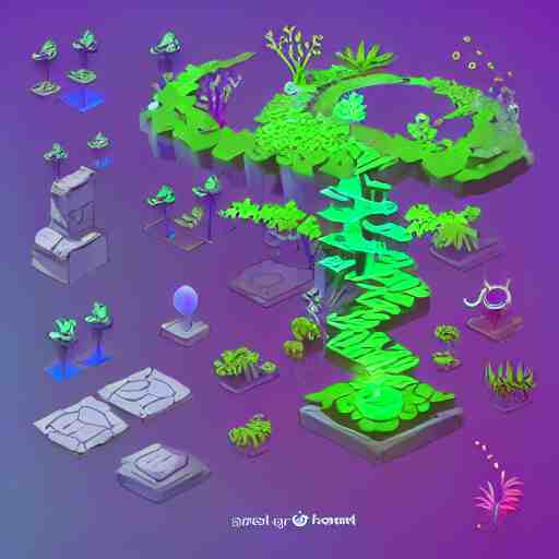 concept art 2 d mobile game asset is an isometric staircase with an organic isometric design based on bioluminescent alien - like plants inspired by the avatar's bioluminescent alien nature. around the stair, we can see plants that glow in the dark. all in isometric perspective and semi - realistic style item is in a black background 