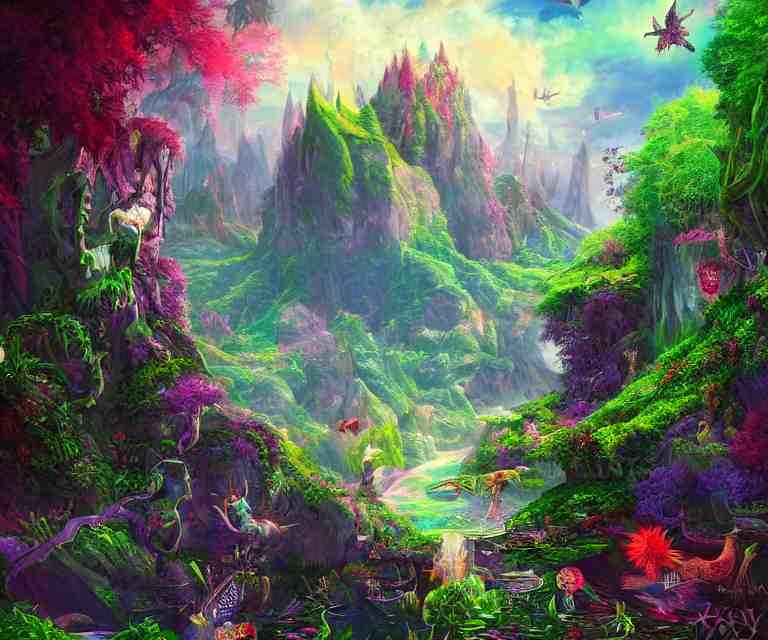 a mystical wonderland, high fantasy, magical elements, vibrant colors, lush landscape, sharp details, high res 