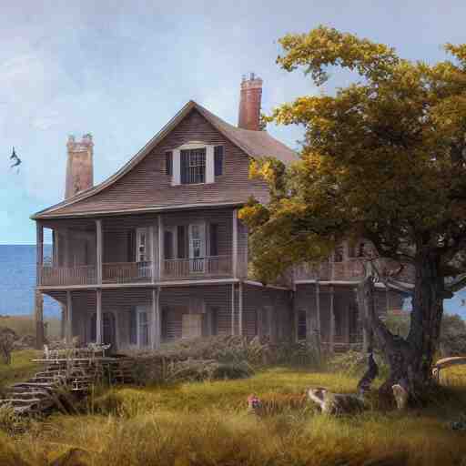 colonial house on the shore of Lake Huron, felix Kelly, artstation, Matte painting