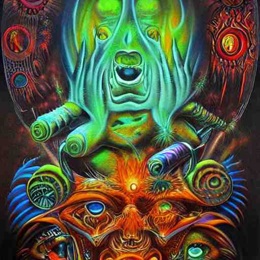 the second layer of hell, airbrush art, shamanic dmt horror art, by basuki abdullah 