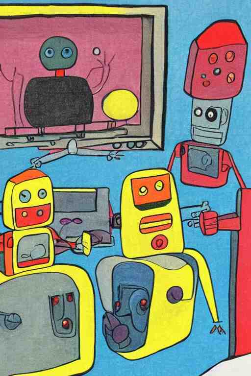 children's book illustration of robots watching tv by margret rey 