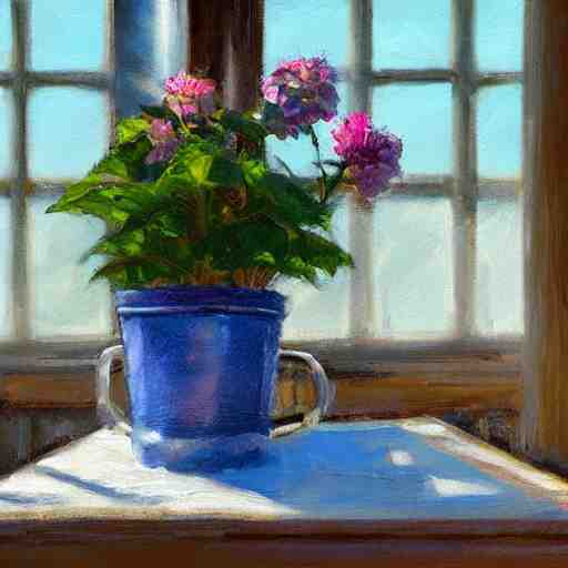 dittany in a pot, on wooden table in the ray of sunshine in greenhouse, oil painting, sharp focus, high detailed, calm, warm lighting, sparkles, digital art, concept art, by Rutkowsky,