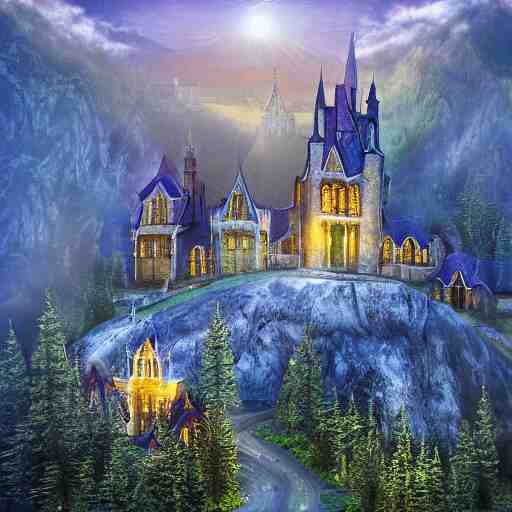 magical academy on a mountain, town below, mist, mystical, happy, sunshine, realistic, by bagshaw, tom 