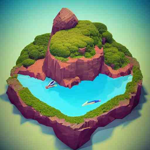 a floating island on an ocean isometric art, low poly art, game art, artstation, 3D render, ultra detailed, cgsociety, unreal engine 5