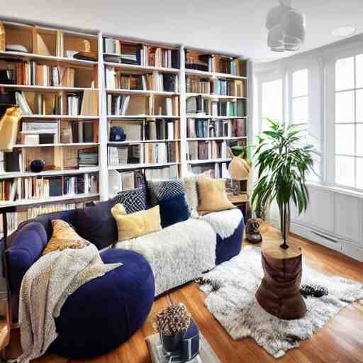 award winning interior design apartment, dusk, cozy and calm, fabrics and textiles, colorful accents, secluded, many light sources, lamps, hardwood floors, book shelf, couch, desk, balcony door, plants, photograph magazine, wide angle