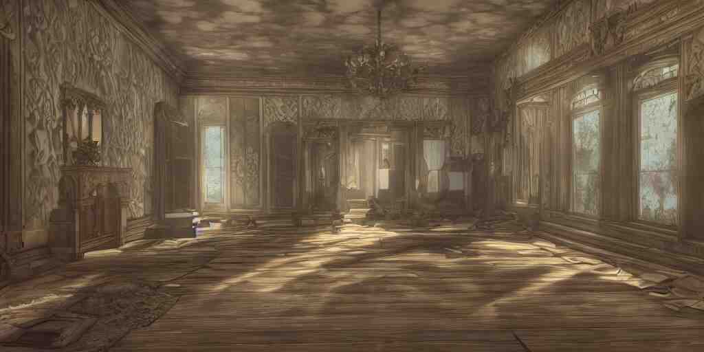 kingdom hearts twilight town mansion interior, nostalgic abandoned, sunlight streaming through the windows 