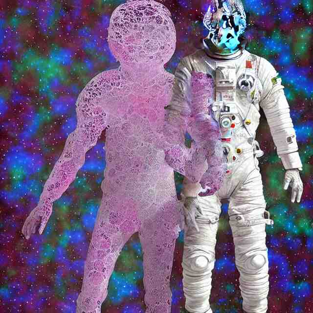 realistic extremely detailed  photo style  painting of a complete  astronaut suit with exposed diamond 3d fractal lace iridescent bubble 3d skin clear brain+ one hand holding a glowing sparkle plasma spear and multiple chest  arm and legs chelate appendages and in a jumping float Pose
,opal ruby diamond iridescent fractal lace bubble materials,against a psycadelic  wavy lace wall,
monolithic retro futuristic ,water , by style hybrid mix of beeple+Anton Pieck+Jean Delville+ Amano,Yves Tanguy+ Alphonse Mucha+ Ernst Haeckel+ Edward Robert Hughes+Stanisław Szukalski , compound eys lenses,
rich moody colors,diamond dust glitter and sparkles, granular detail,holographic krypton ion,blue eyes,octane render,4k,
f32,55mm photography,wide angle ,jumping float Pose,full shot,  