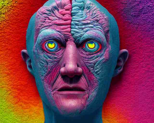 insides of a human head explode outward as a huge mass of coloured powder, hyperrealistic, medical photography, anatomically correct, realistic textures, 8 k, art by lee griggs, 