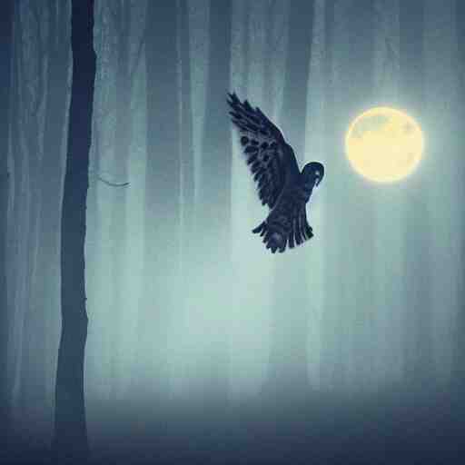 tattoo of owl flying at night through fog in the forest lit by the full moon 