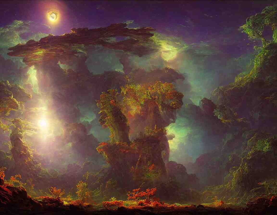 night on a trippy alien planet full of bioluminescent flora, concept art by albert biertadt, thomas cole, frederic edwin church, hudson river school, majestic, awe - inspiring, breathtaking 