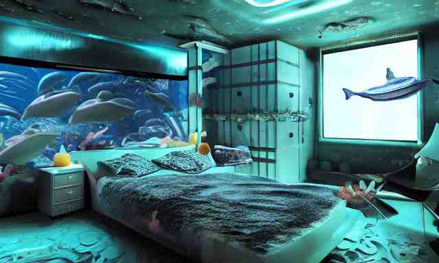 a futuristic bedroom deep under the sea, photorealistic magazine picture, studio lighting, cozy, extremely detailed and realistic 