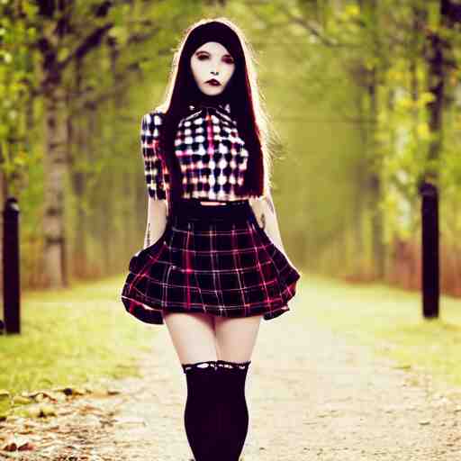 female model teenage goth photography plaid mini skirt band shirt beautiful face, dramatic light darkroom 