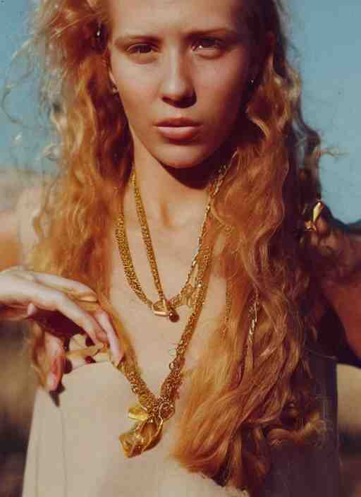 vintage photograph of an olive skinned female model with strawberryblonde hair in her twenties, her hair pinned up, wearing a designer top and one thin gold necklace, looking content, focused on her neck, photo realistic, extreme detail skin, natural beauty, no filter, slr, golden hour, 4 k, high definition, selfie 