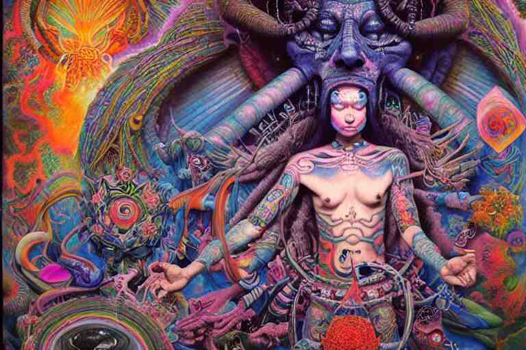 psychedelic shaman, blue and pink, wearing shipibo tattoos, inside an epic, ancient temple, ayami kojima, greg hildebrandt, mark ryden, hauntingly surreal, eerie vibrating color palette of charlie immer, highly detailed painting by, jenny saville, soft light 4 k 