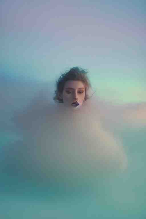 high quality pastel coloured film close up wide angle photograph of a model wearing clothing resting on cloud furniture in a icelandic black rock!! environment in a partially haze filled dreamstate world. three point light, rainbow. photographic production. art directed. pastel colours. volumetric clouds. pastel gradient overlay. waves glitch artefacts. extreme facial clarity. 8 k. filmic. 