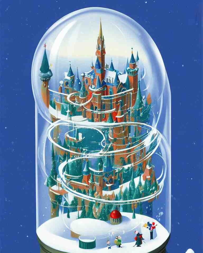 an achingly beautiful print of one modernist, cylindrical snow globe with disneyland inside by raphael, hopper, and rene magritte. detailed, proportional, romantic, vibrant, enchanting, trending on artstation 