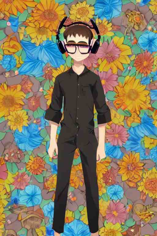 a vrchat avatar man with a buzz cut, a floral print collated shirt, a beaded bracelet, tortoise shell glasses with headphones, anime style, cel shaded, kawaii, cute 