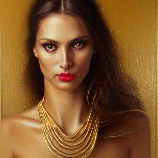 Facial portrait of a gorgeous girl, looking away from the camera, seductive smile, heavy gold jewellery, gold and diamond necklaces, elegant revealing intricate dress, sparkle in eyes, lips slightly parted, long flowing hair, no hands visible, delicate, teasing, arrogant, defiant, bored, mysterious, intricate, extremely detailed painting by Mark Brooks (and by Greg Rutkowski), visible brushstrokes, thick paint visible, no light reflecting off paint, vibrant colors, studio lighting