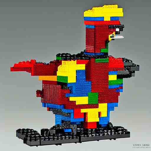 squared head rooster building a man made of legos on the moon 