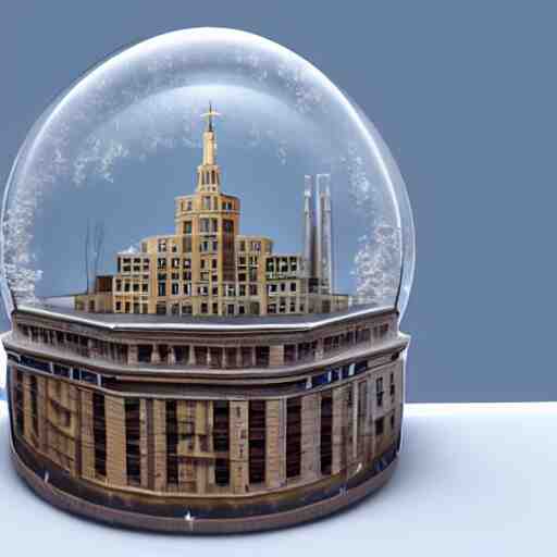 a snow globe with a soviet building in it, a computer rendering by leandro erlich, trending on cgsociety, retrofuturism, tesseract, isometric, physically based rendering 