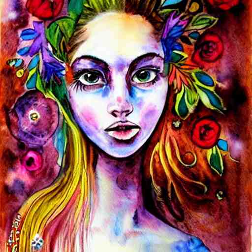 a painting of a woman with flowers in her hair, a watercolor painting by alice mason, deviantart, psychedelic art, deviantart, detailed painting, watercolor 