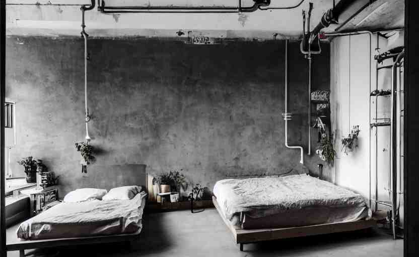 berlin style compact bedroom interior, concrete, punk design, bed, neon lights, modernism, white, beige, black, minimalism, blackboard, industrial, pipes, little windows, plants 