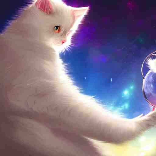 illustration of a white fluffy cat wizard casting a spell in space. 4k trending ArtStation highly detailed vibrant