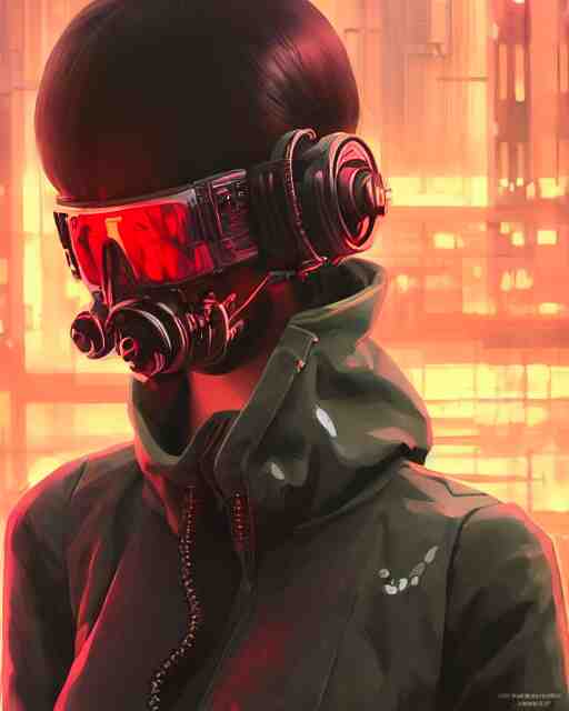 lady assassin wearing cyberpunk streetwear, respirator, cybernetic arms, detailed portrait, 4 k, vivid colours, concept art by wlop, ilya kuvshinov, artgerm, krenz cushart, greg rutkowski, pixiv. cinematic dramatic atmosphere, sharp focus, volumetric lighting, cinematic lighting, studio quality 