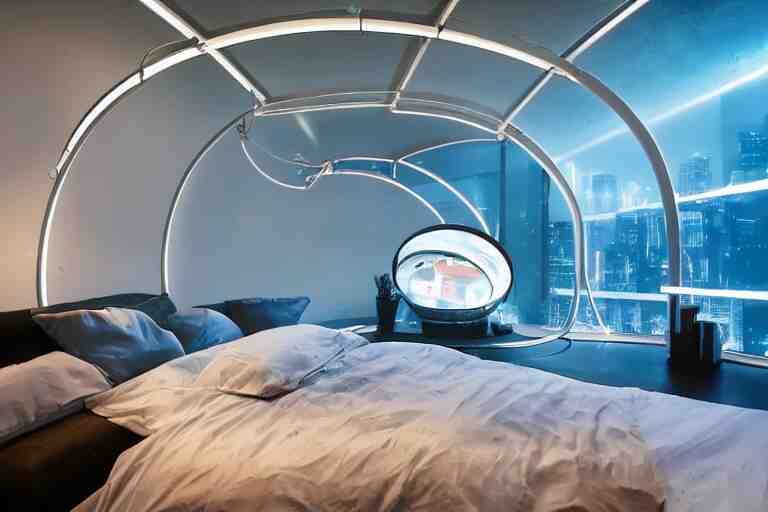 a futuristic sparse bedroom with large curved ceiling high windows looking out to a far future cyberpunk cityscape, flying drones outside, night time, cyberpunk neon lights, raining