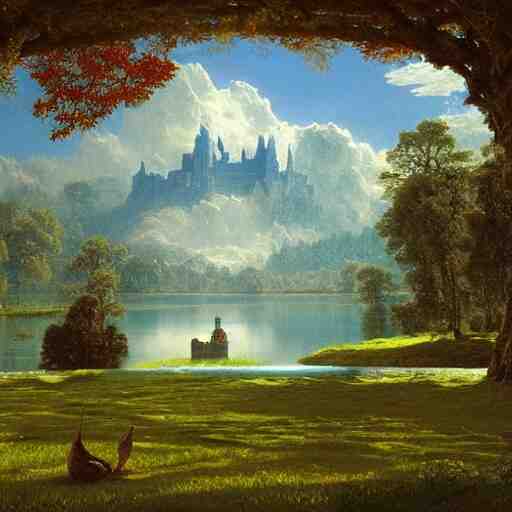 beautiful illustration of a big castle in a serene landscape and a beautiful lake, green grass and trees, blue sky, by albert bierstadt, highly detailed, crystal lighting, mystical, forest, hyperrealistic, 4 k, unreal engine, magical, by joe fenton, by greg rutkowski, by greg tocchini, by kaws, by kate beaton, by kaethe butcher 