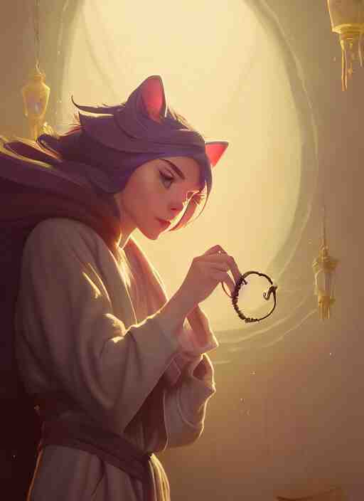 highly detailed portrait of a cat mage wearing a magical robe, stephen bliss, unreal engine, greg rutkowski, loish, rhads, beeple, makoto shinkai and lois van baarle, ilya kuvshinov, rossdraws, tom bagshaw, tom whalen, alphonse mucha, global illumination, god rays, detailed and intricate environment 