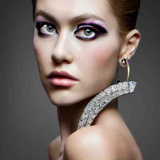 fashion photo, haute couture female model wearing bejeweled scissor earrings:5, bejeweled scissor chest plate:5, bejeweled scissor bracelets:5, hyper realistic, detailed, dramaticly beautiful, 8k, Octane