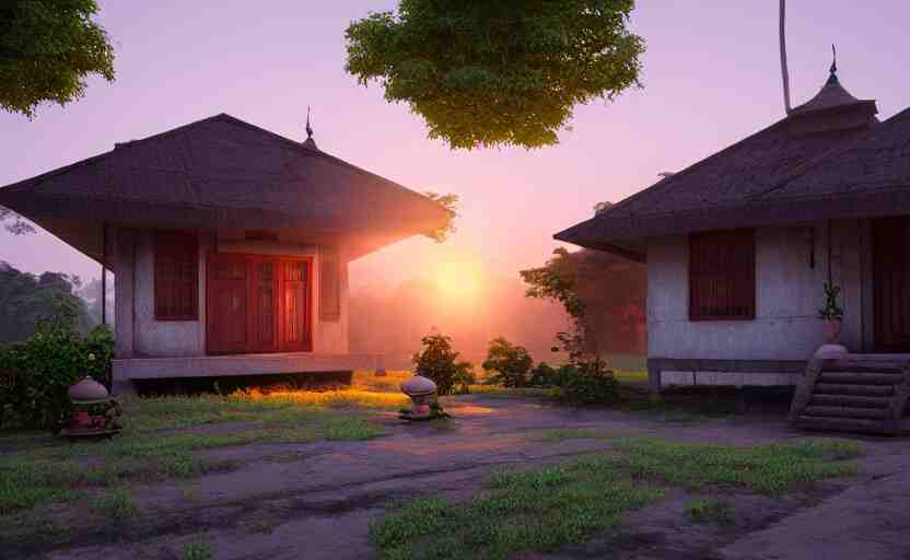 a beautiful small assam type house at sunrise, guwahati, concept art, octane render, unreal engine 5, trending on artstation, high quality, 8 k, soft lighting, path traced, hyperrealistic, highly detailed, digital art, symmetrical, cinematic, high coherence, godrays 